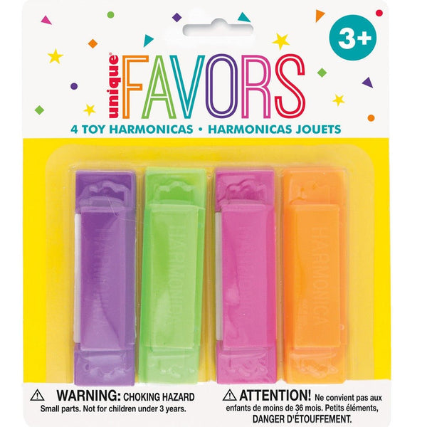 4pk Assorted Colour Plastic Harmonicas - Everything Party