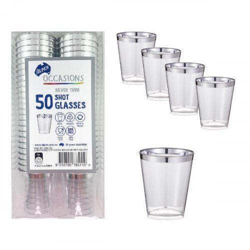 50pk Deluxe Metallic Silver Trimmed Plastic Shot Glass - Everything Party