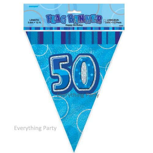 50th Birthday Flag Banner (Blue, Pink, Black) - Everything Party