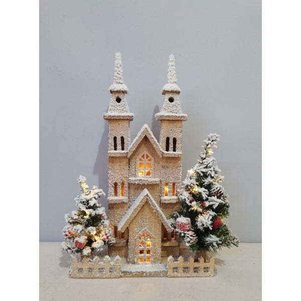 54cm Christmas Wooden Light Up House with Twin Tower and Xmas Tree - Everything Party