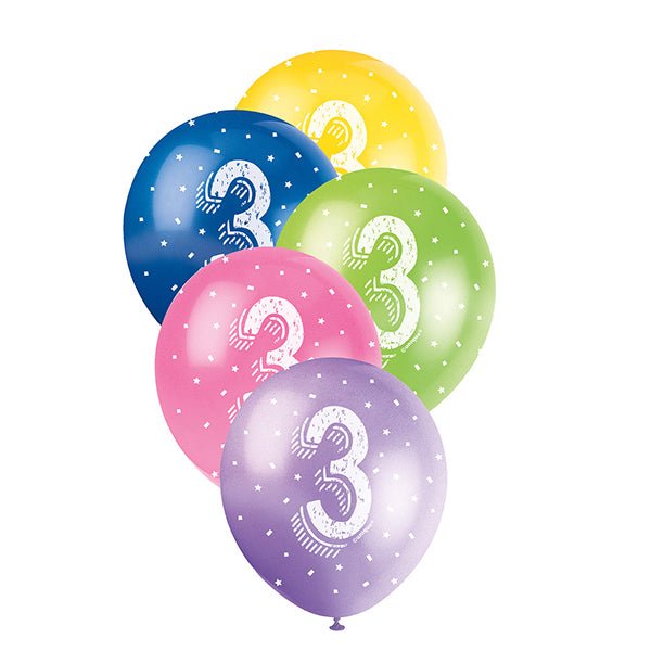 5pk 3rd Birthday Number 3 Assorted Pearl Latex Balloon 30cm - Everything Party