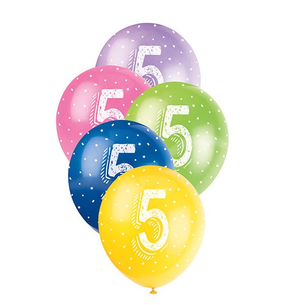 5pk 5th Birthday Number 5 Assorted Pearl Latex Balloon 30cm - Everything Party