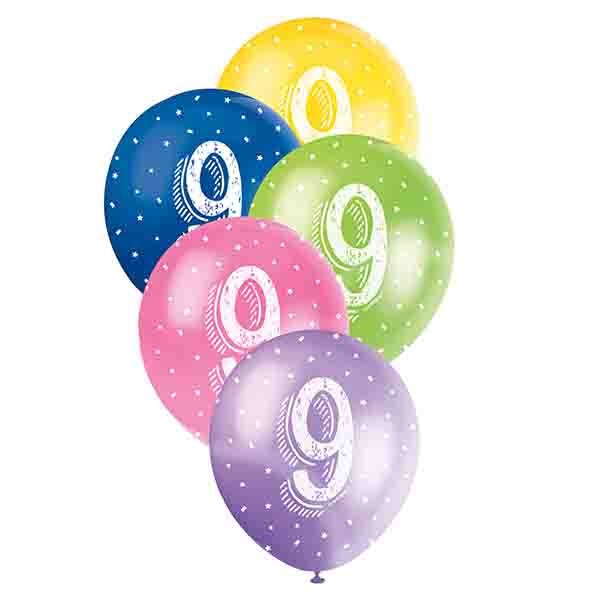 5pk 9th Birthday Number 9 Assorted Pearl Latex Balloon 30cm - Everything Party