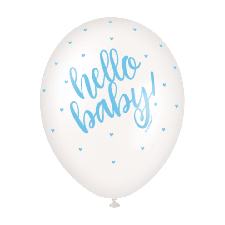 5pk Blue Hello Baby Pearl White Latex Balloons 30cm - Everything Party