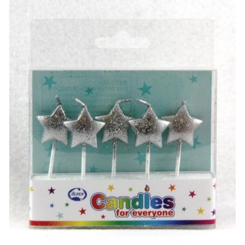 5pk Glitter Silver Star Candles - Everything Party
