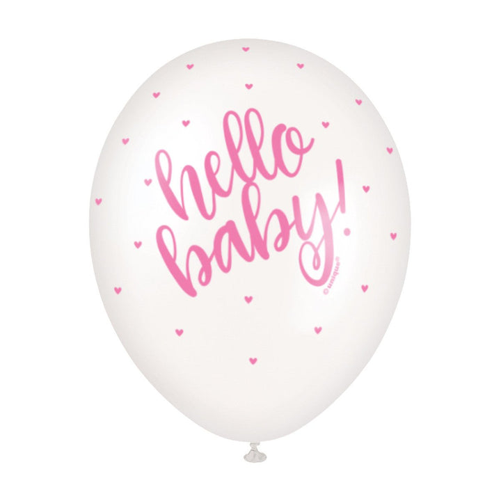 5pk Pink Hello Baby Pearl White Latex Balloons 30cm - Everything Party