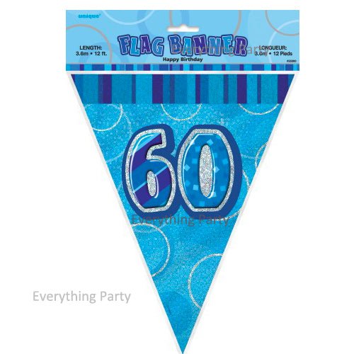 60th Birthday Flag Banner (Blue, Pink, Black) - Everything Party