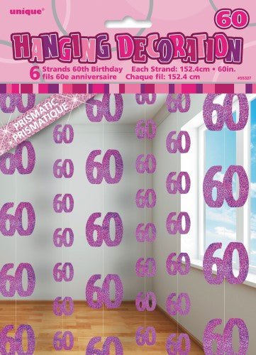 60th Birthday Glitz Hanging Decorations (Blue, Pink, Black) - Everything Party