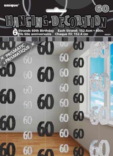 60th Birthday Glitz Hanging Decorations (Blue, Pink, Black) - Everything Party