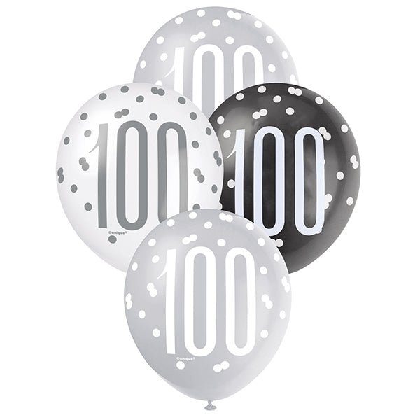 6pk Assorted Black Silver White 100th Birthday 100 Days 30cm Latex Balloons - Everything Party
