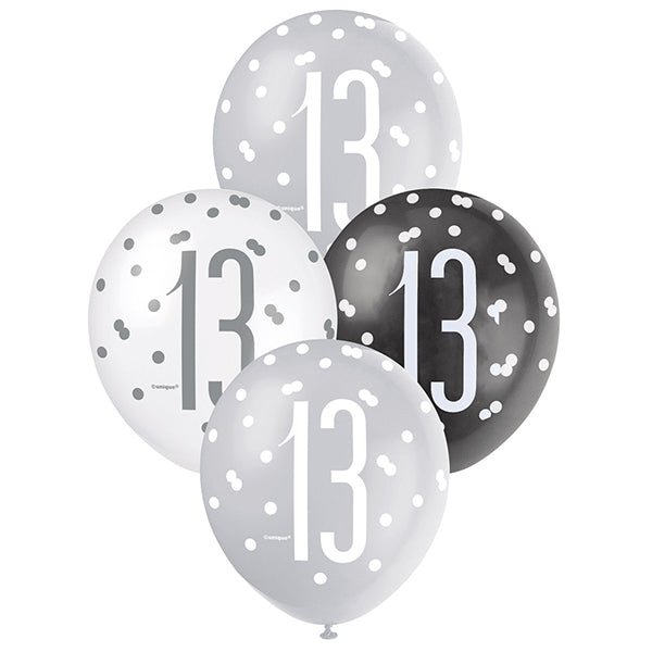 6pk Assorted Black Silver White 13th Birthday 30cm Latex Balloons - Everything Party