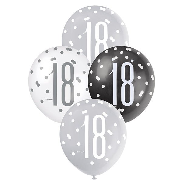 6pk Assorted Black Silver White 18th Birthday 30cm Latex Balloons - Everything Party