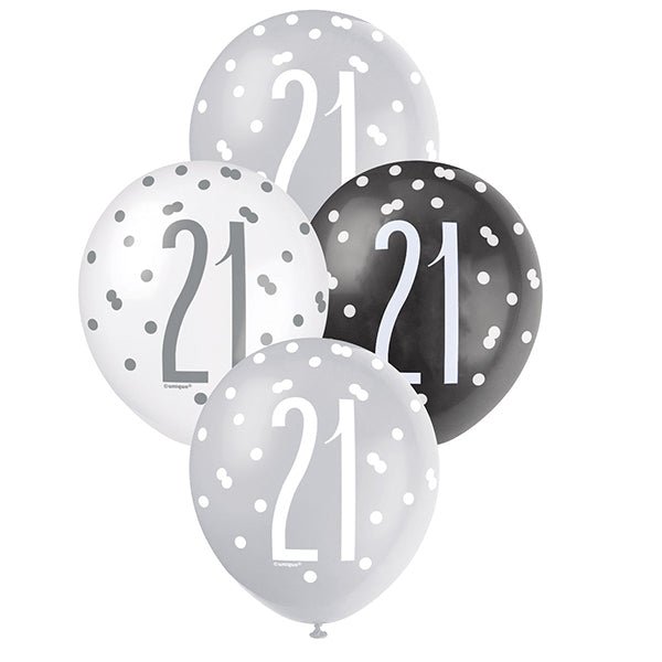 6pk Assorted Black Silver White 21st Birthday 30cm Latex Balloons - Everything Party