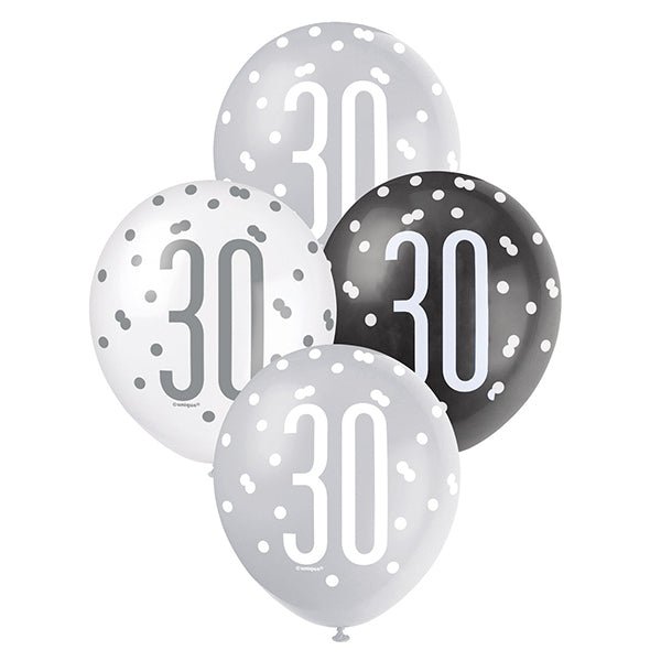 6pk Assorted Black Silver White 30th Birthday 30cm Latex Balloons - Everything Party