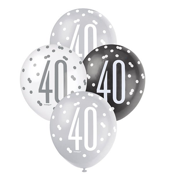 6pk Assorted Black Silver White 40th Birthday 30cm Latex Balloons - Everything Party