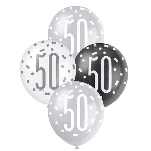 6pk Assorted Black Silver White 50th Birthday 30cm Latex Balloons - Everything Party