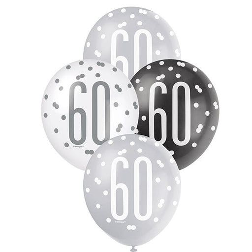 6pk Assorted Black Silver White 60th Birthday 30cm Latex Balloons - Everything Party