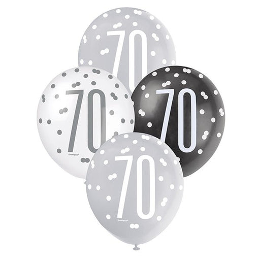 6pk Assorted Black Silver White 70th Birthday 30cm Latex Balloons - Everything Party