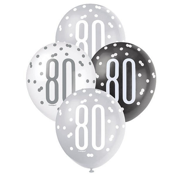 6pk Assorted Black Silver White 80th Birthday 30cm Latex Balloons - Everything Party