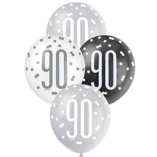 6pk Assorted Black Silver White 90th Birthday 30cm Latex Balloons - Everything Party
