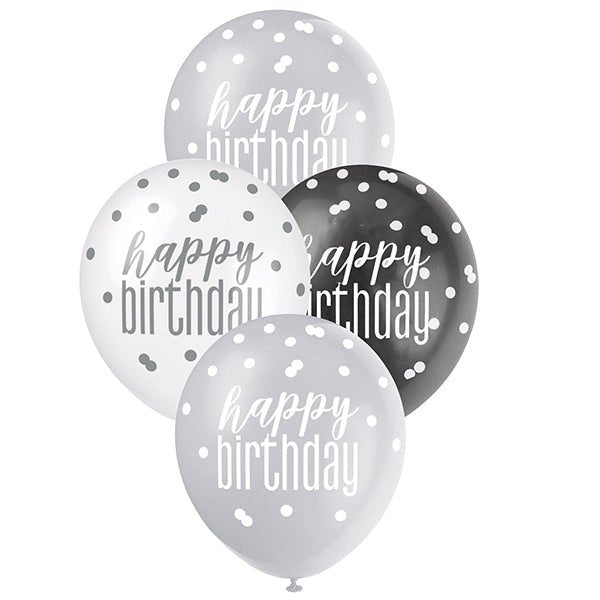 6pk Assorted Black Silver White Happy Birthday 30cm Latex Balloons - Everything Party