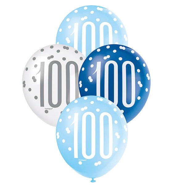 6pk Assorted Blue White 100th Birthday 100 Days 30cm Latex Balloons - Everything Party