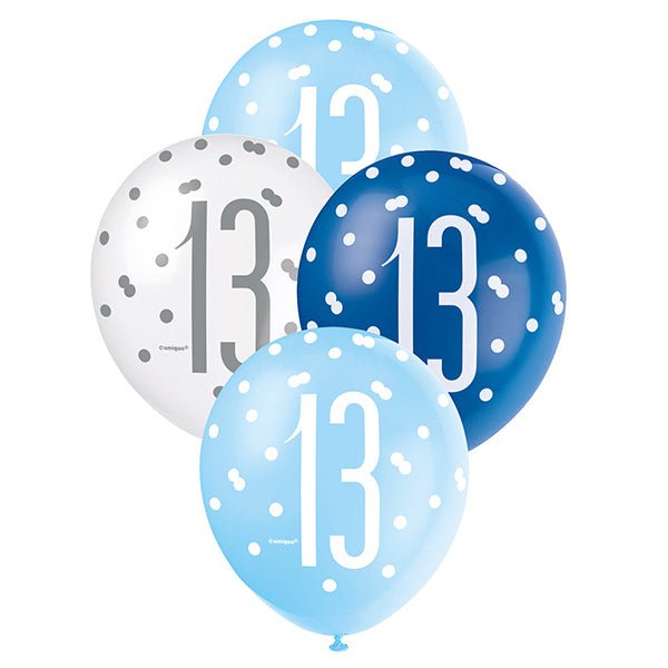6pk Assorted Blue White 13th Birthday 30cm Latex Balloons - Everything Party