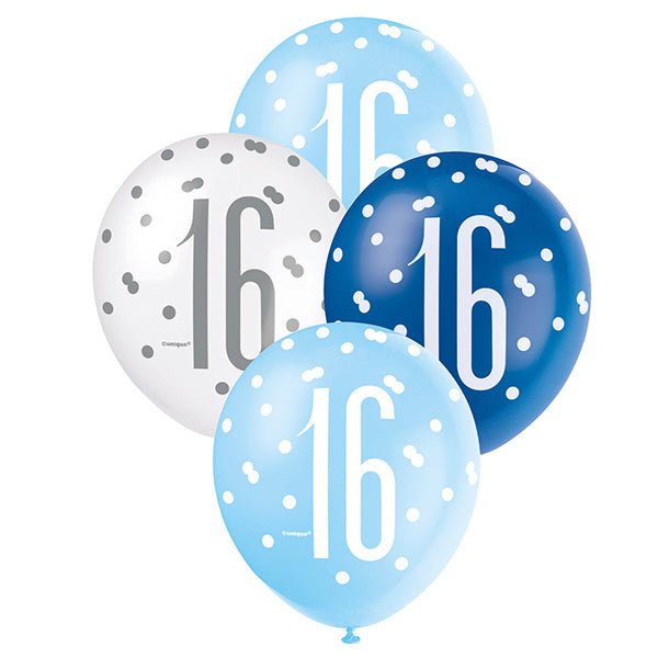 6pk Assorted Blue White 16th Birthday 30cm Latex Balloons - Everything Party