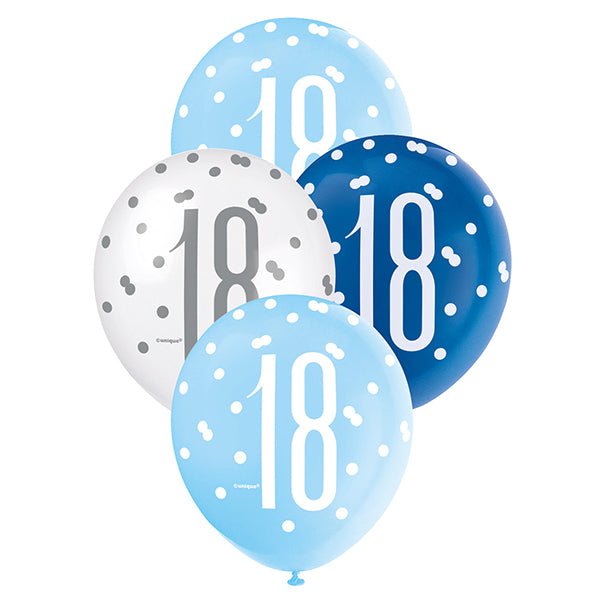 6pk Assorted Blue White 18th Birthday 30cm Latex Balloons - Everything Party