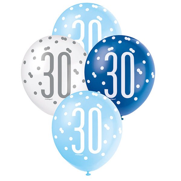 6pk Assorted Blue White 30th Birthday 30cm Latex Balloons - Everything Party