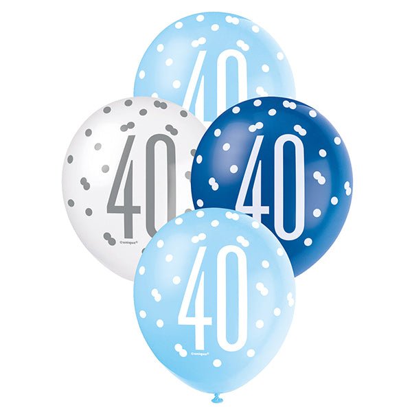6pk Assorted Blue White 40th Birthday 30cm Latex Balloons - Everything Party