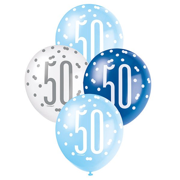 6pk Assorted Blue White 50th Birthday 30cm Latex Balloons - Everything Party