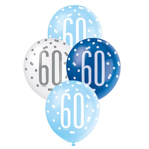 6pk Assorted Blue White 60th Birthday 30cm Latex Balloons - Everything Party