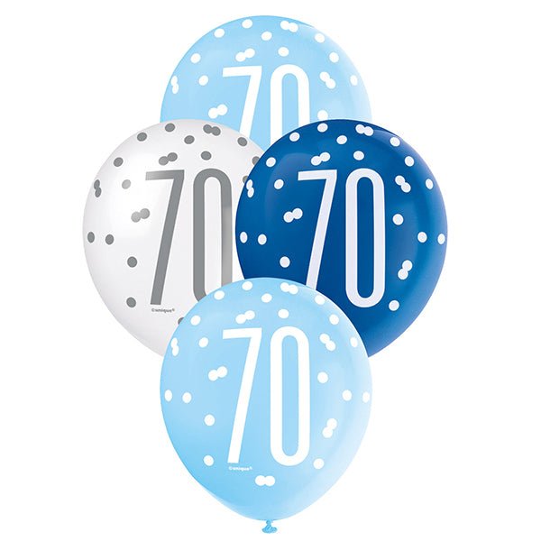 6pk Assorted Blue White 70th Birthday 30cm Latex Balloons - Everything Party