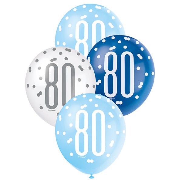 6pk Assorted Blue White 80th Birthday 30cm Latex Balloons - Everything Party