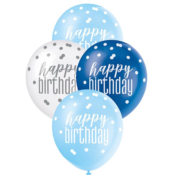 6pk Assorted Blue White Happy Birthday 30cm Latex Balloons - Everything Party