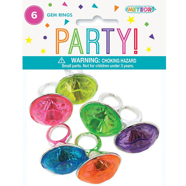 6pk Assorted Colour Large Diamond Rings - Everything Party