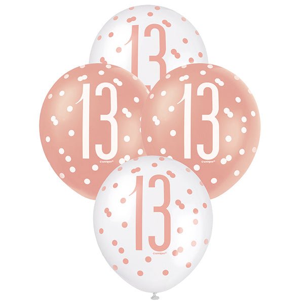 6pk Assorted Rose Gold White 13th Birthday 30cm Latex Balloons - Everything Party