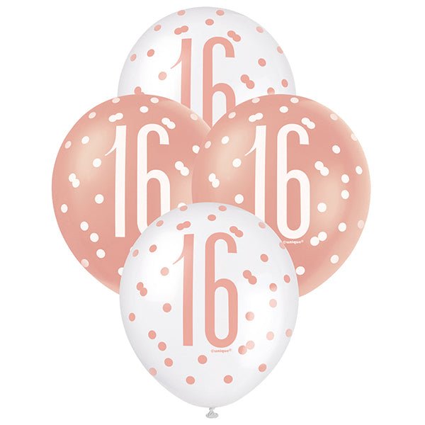 6pk Assorted Rose Gold White 16th Birthday 30cm Latex Balloons - Everything Party