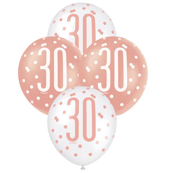 6pk Assorted Rose Gold White 30th Birthday 30cm Latex Balloons - Everything Party