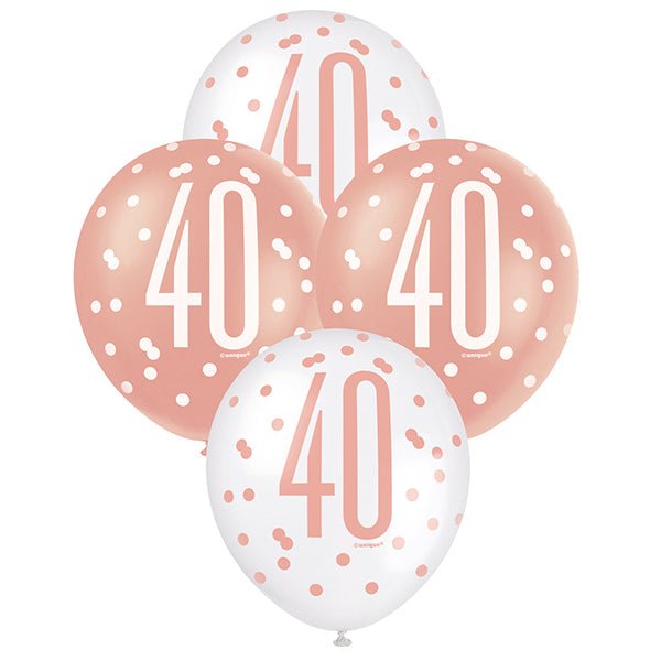 6pk Assorted Rose Gold White 40th Birthday 30cm Latex Balloons - Everything Party