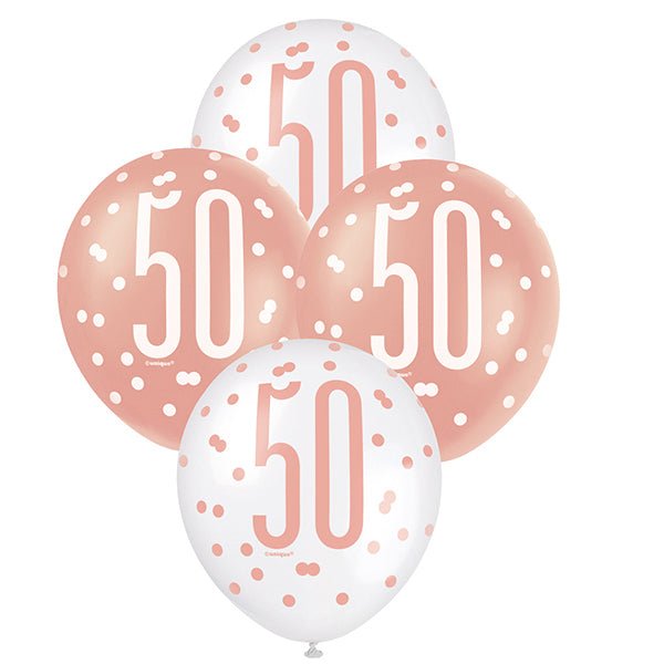 6pk Assorted Rose Gold White 50th Birthday 30cm Latex Balloons - Everything Party