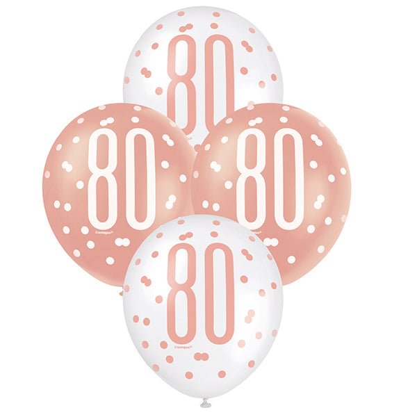 6pk Assorted Rose Gold White 80th Birthday 30cm Latex Balloons - Everything Party