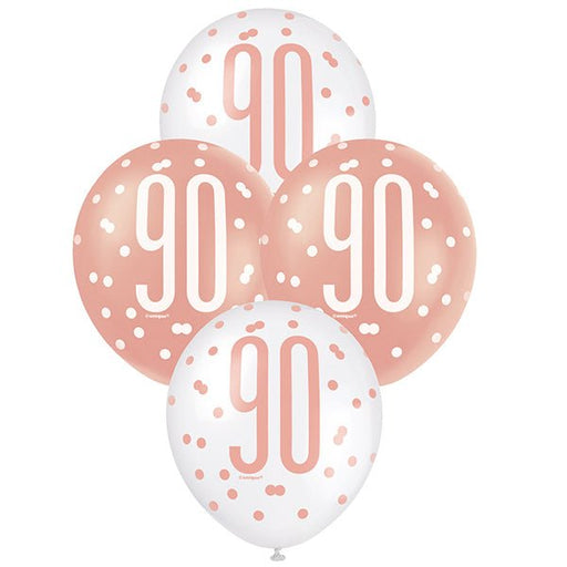 6pk Assorted Rose Gold White 90th Birthday 30cm Latex Balloons - Everything Party