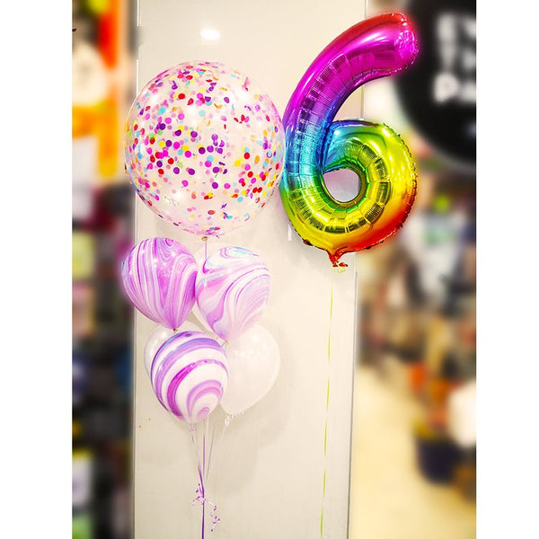 6th Birthday Jumbo Confetti & Rainbow Number Helium Balloon Bouquet - Everything Party