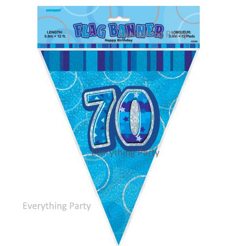 70th Birthday Flag Banner (Blue, Pink, Black) - Everything Party
