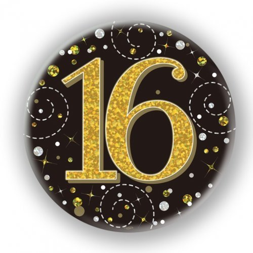 7.5cm Sparkling Fizz Black Gold Birthday Badge - 16th - Everything Party