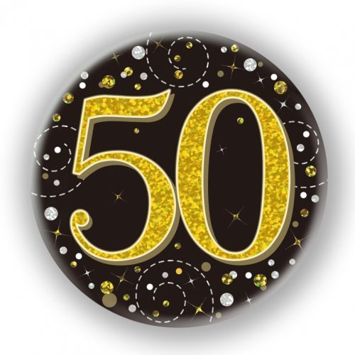 7.5cm Sparkling Fizz Black Gold Birthday Badge - 50th - Everything Party