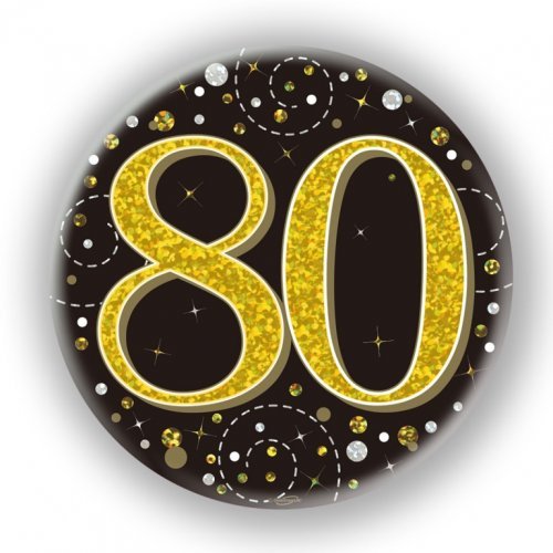 7.5cm Sparkling Fizz Black Gold Birthday Badge - 80th - Everything Party