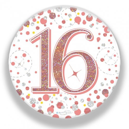 7.5cm Sparkling Fizz Rose Gold Birthday Badge - 16th - Everything Party